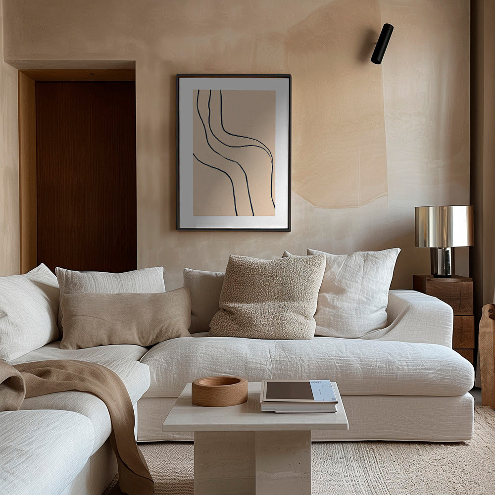 Cuadro minimalista de líneas fluidas sobre fondo beige – Canvas2