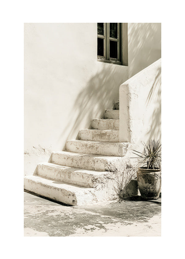 Fotografía de escalera blanca con maceta
