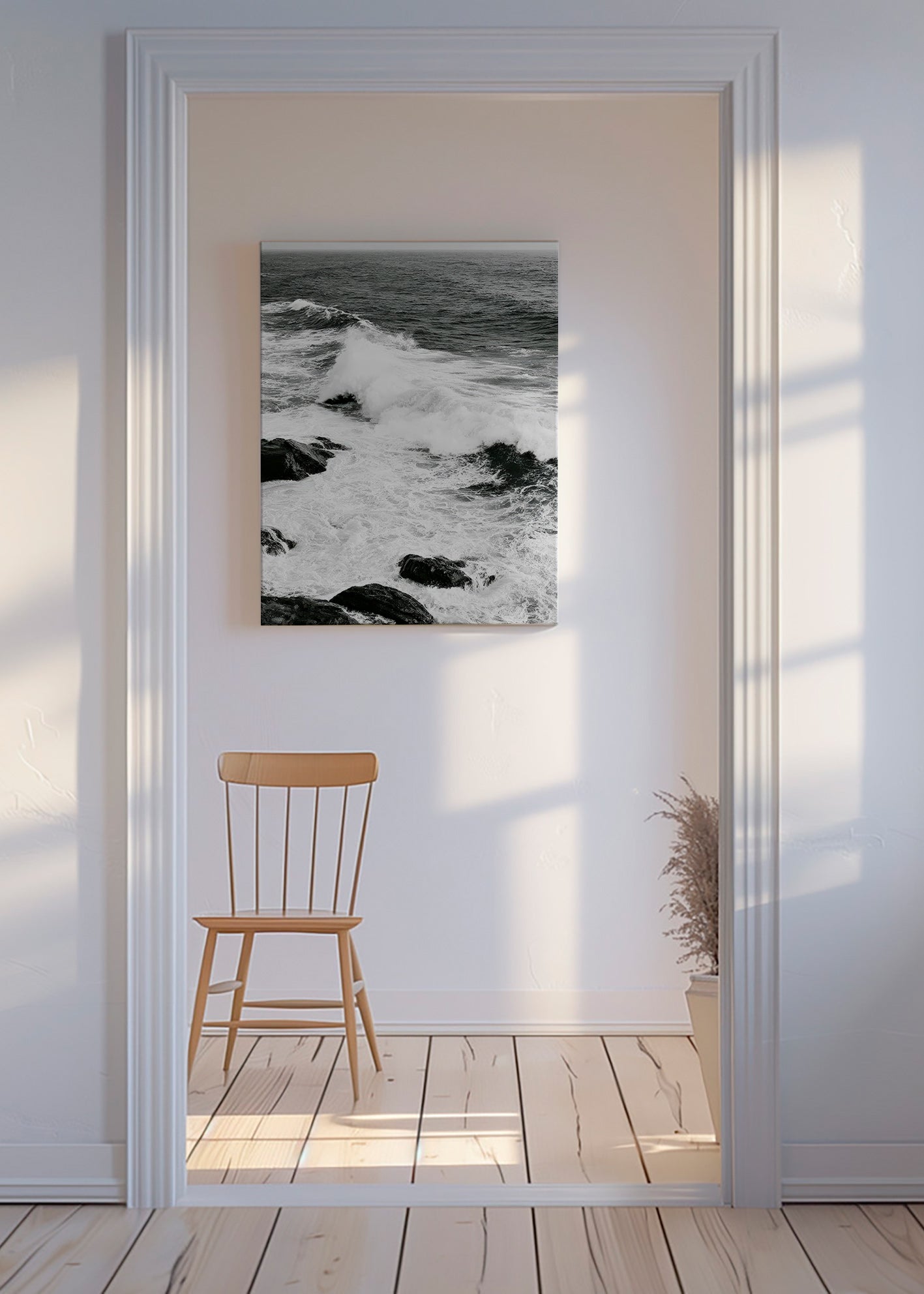 Cuadro de paisaje marino en blanco y negro con oleaje – Canvas