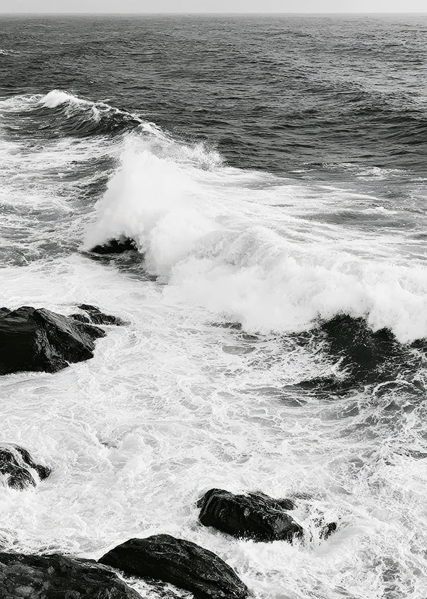 Cuadro de paisaje marino en blanco y negro con oleaje