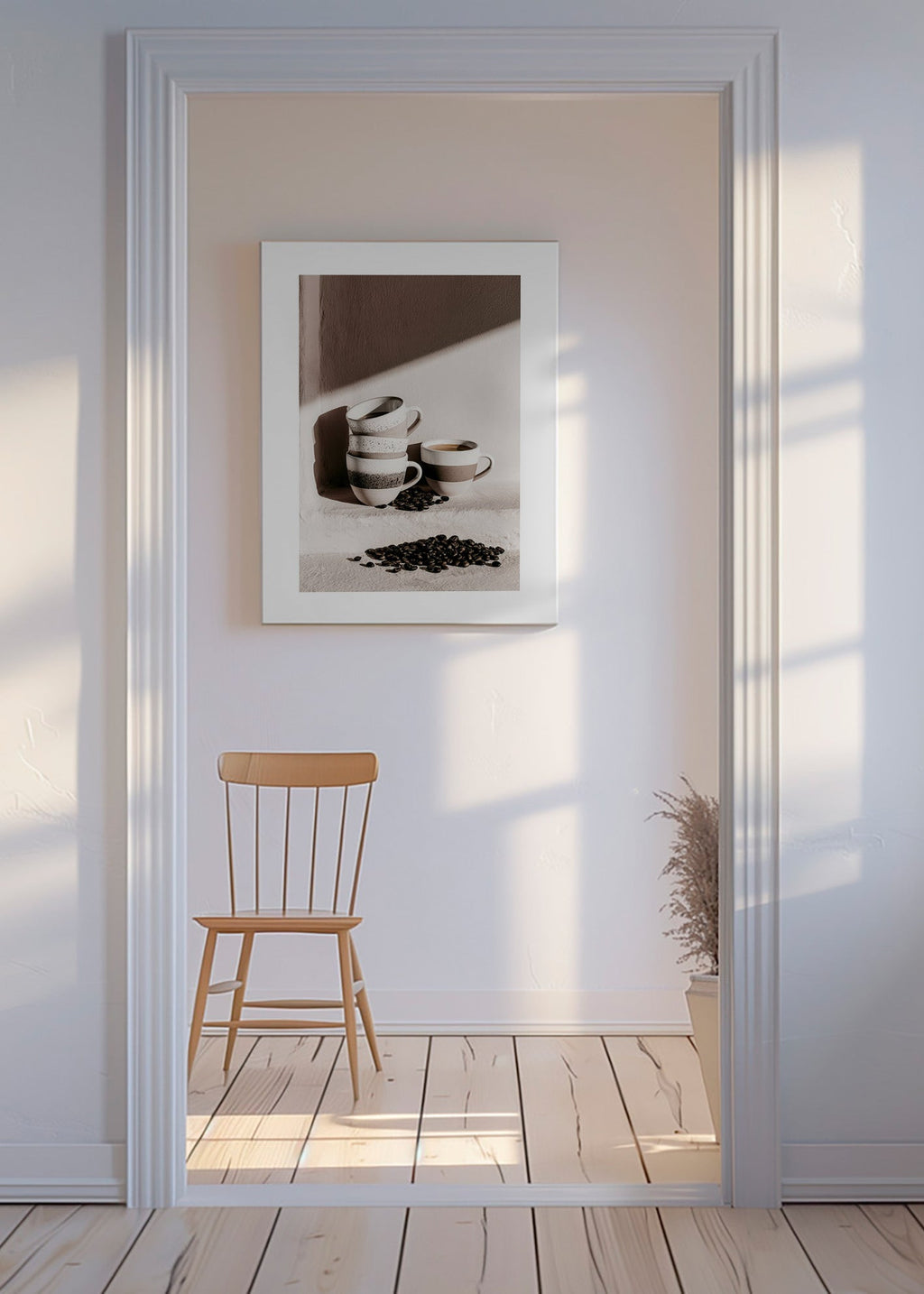 Cuadro de cocina con tazas apiladas y granos de café – Canvas