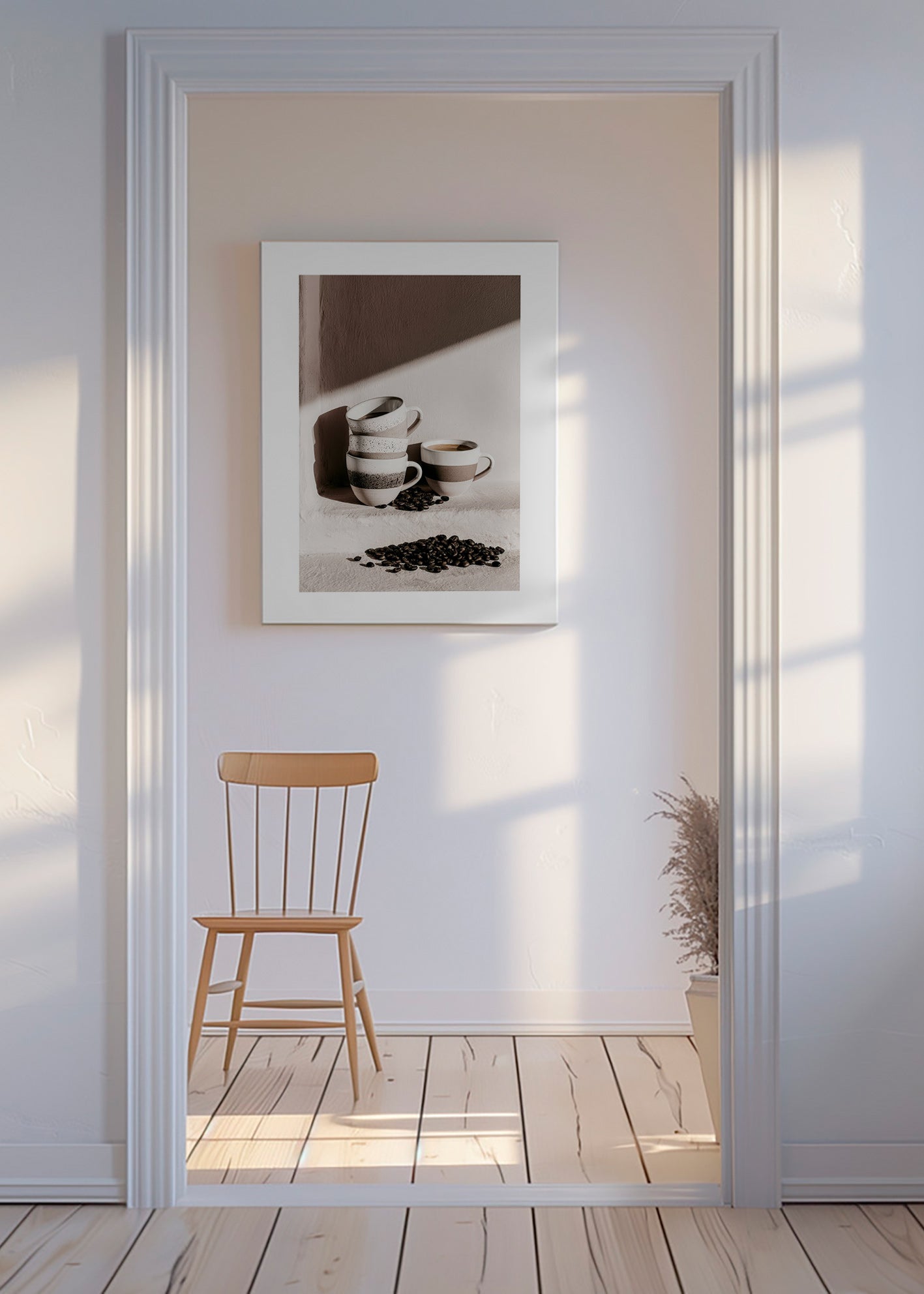 Cuadro de cocina con tazas apiladas y granos de café – Canvas