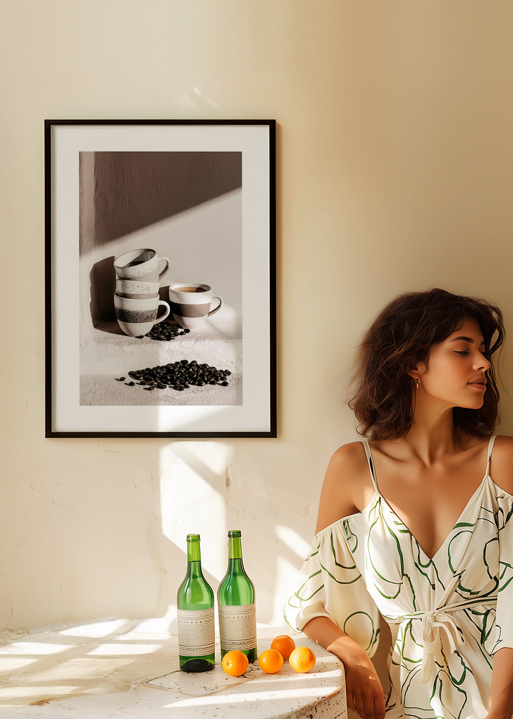 Cuadro de cocina con tazas apiladas y granos de café – Product3