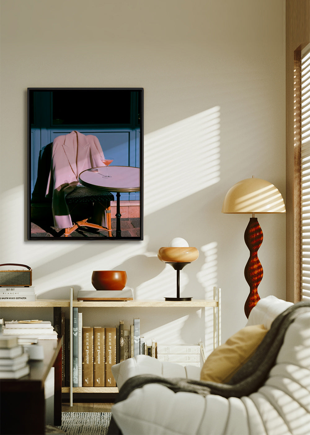 Fotografía chaqueta rosa y cóctel en terraza – Canvas1