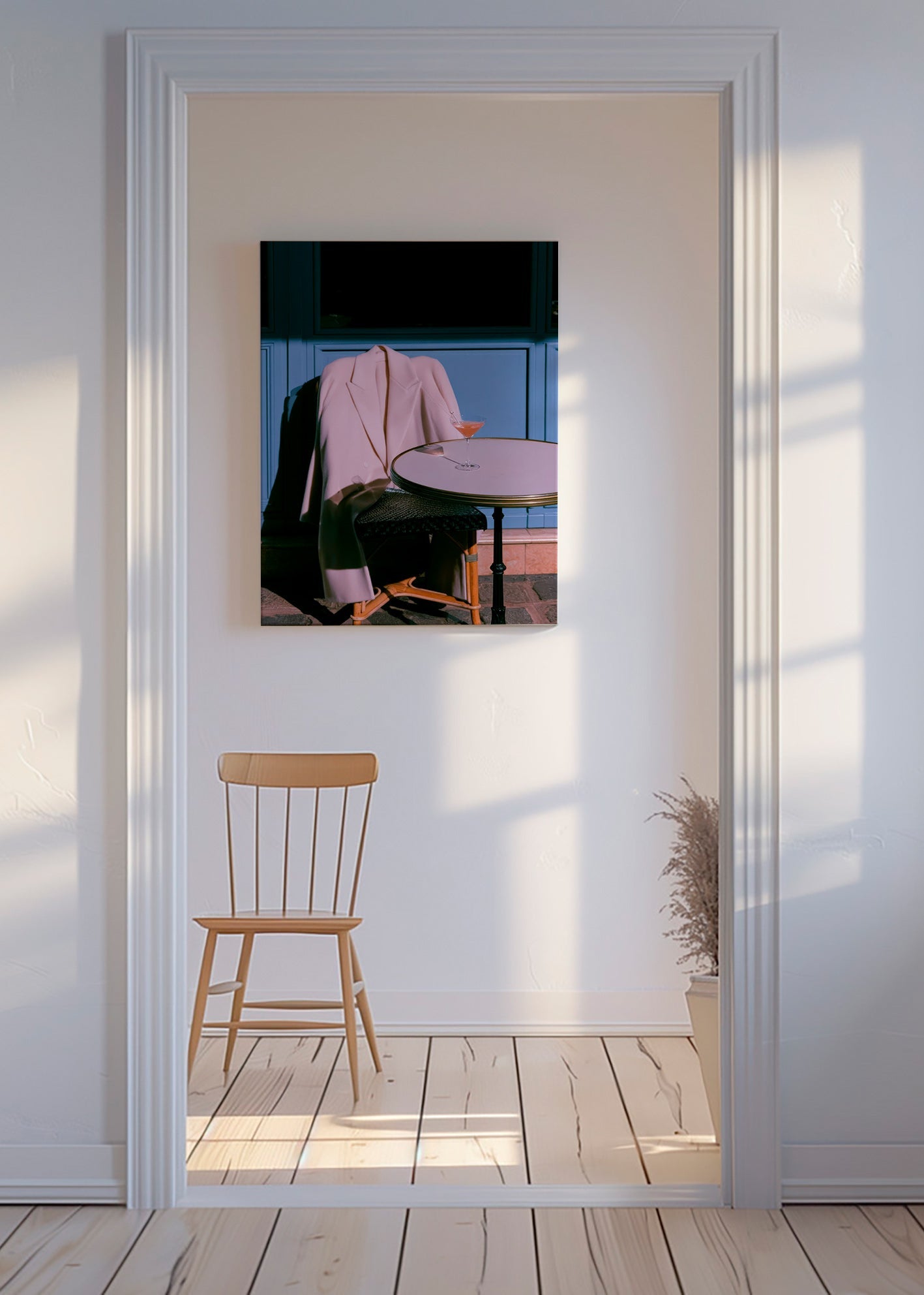 Fotografía chaqueta rosa y cóctel en terraza – Canvas