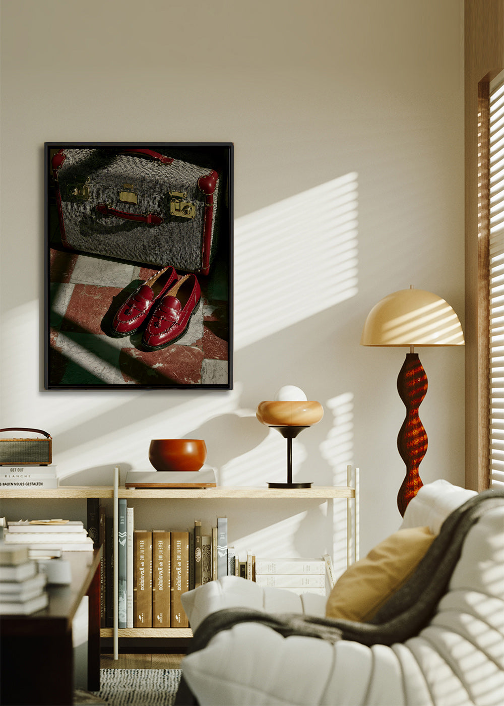 Cuadro de ciudades con maleta y zapatos rojos – Canvas1