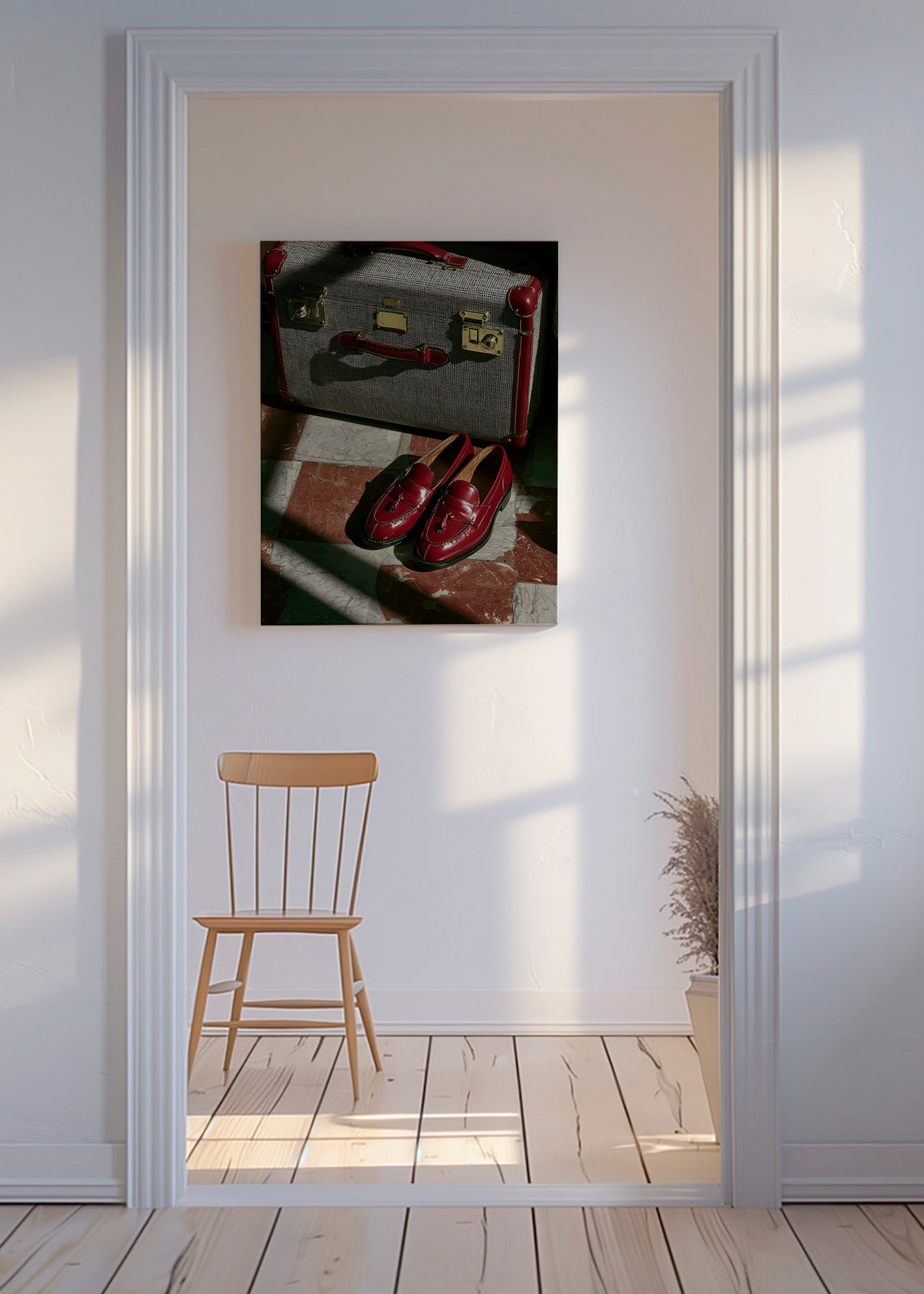 Cuadro de ciudades con maleta y zapatos rojos – Canvas