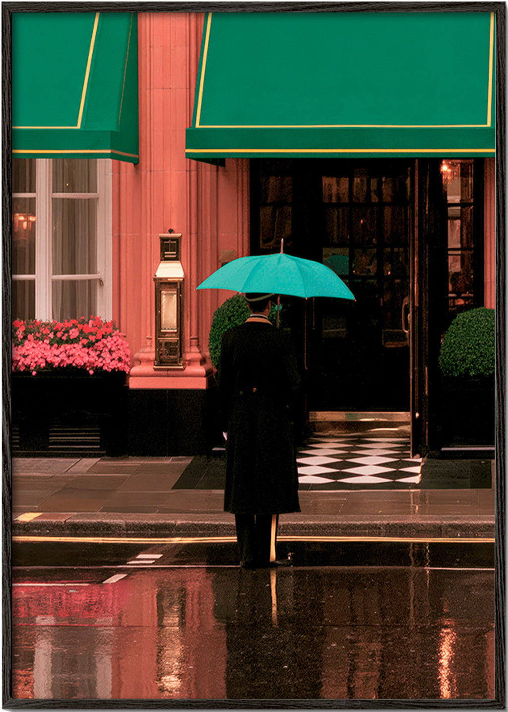 Cuadro de ciudades: figura bajo paraguas y reflejos – Black Frame