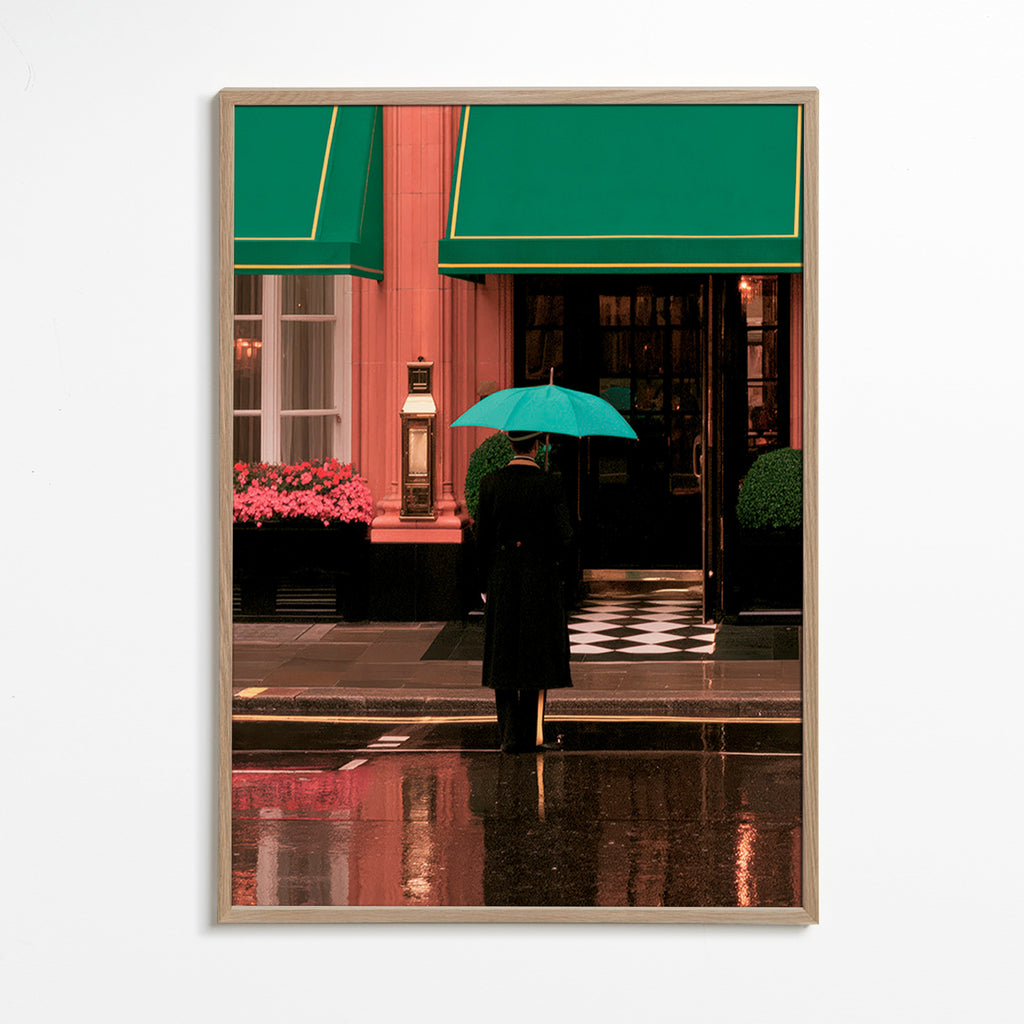 Cuadro de ciudades: figura bajo paraguas y reflejos – Oak Frame