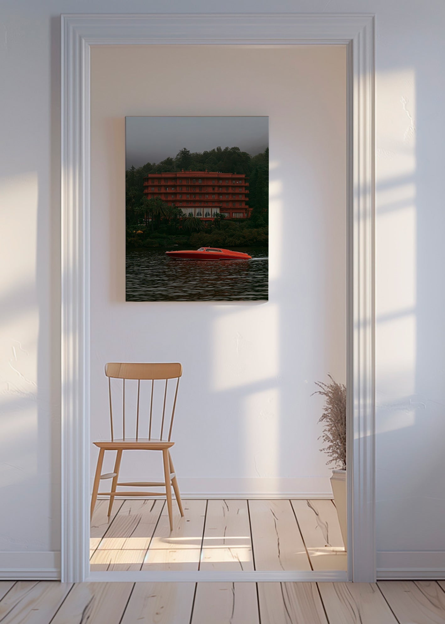 Cuadro de paisaje con hotel rojo y lancha – Canvas
