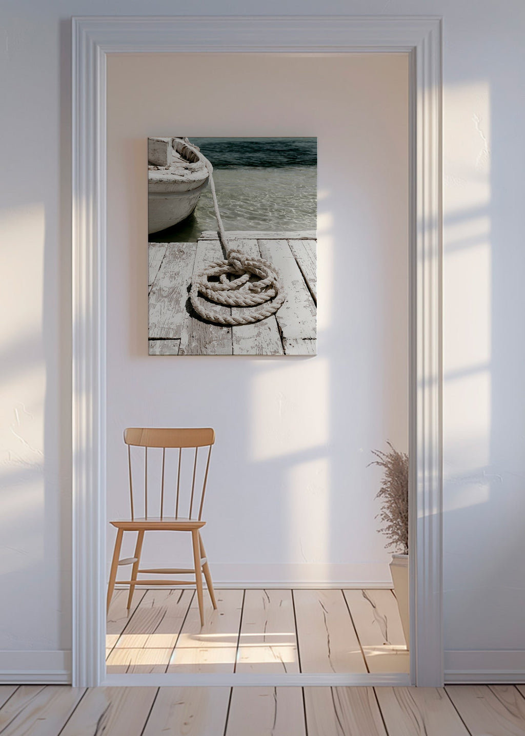 Fotografía de muelle con cabo en primer plano – Canvas