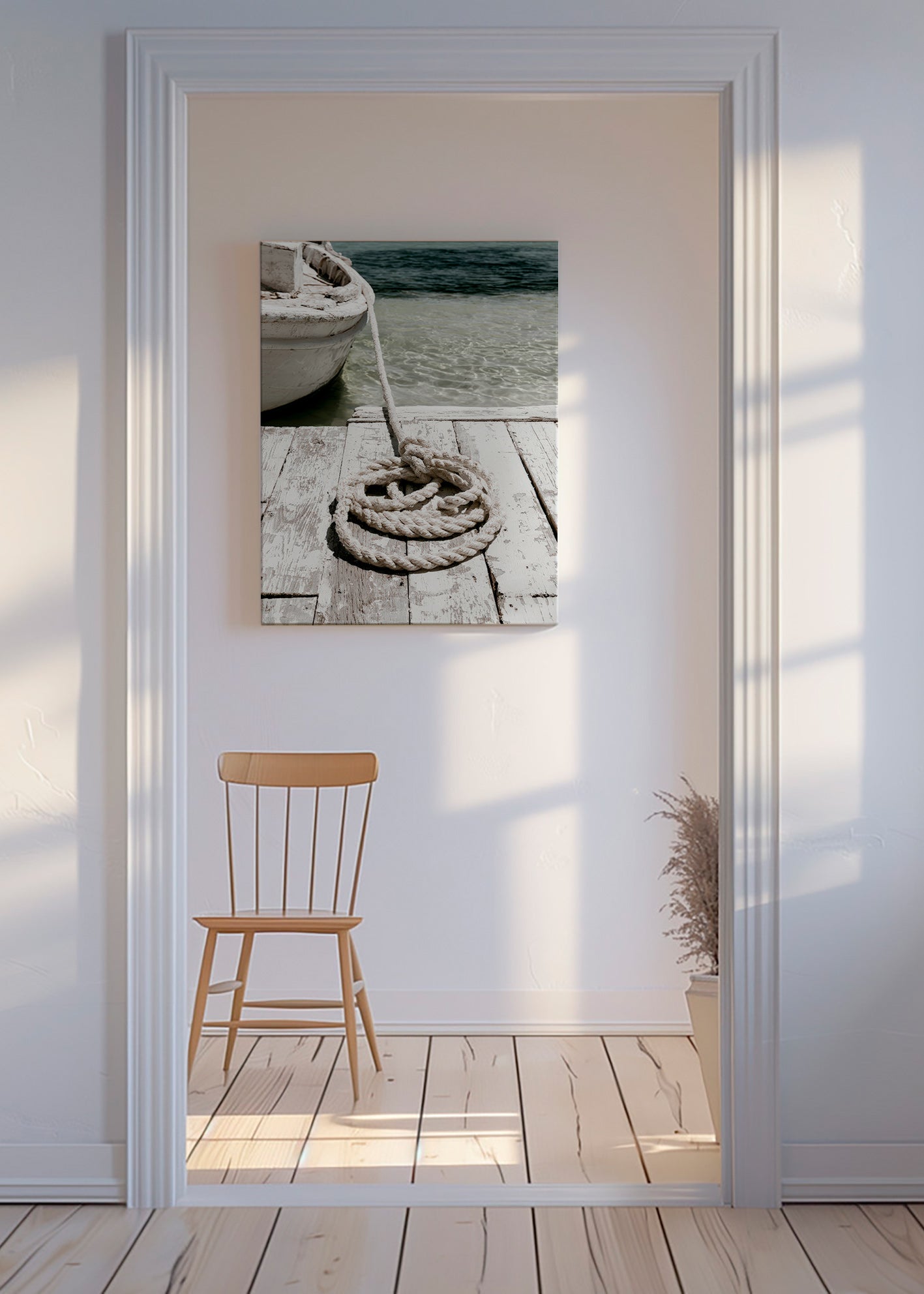 Fotografía de muelle con cabo en primer plano – Canvas