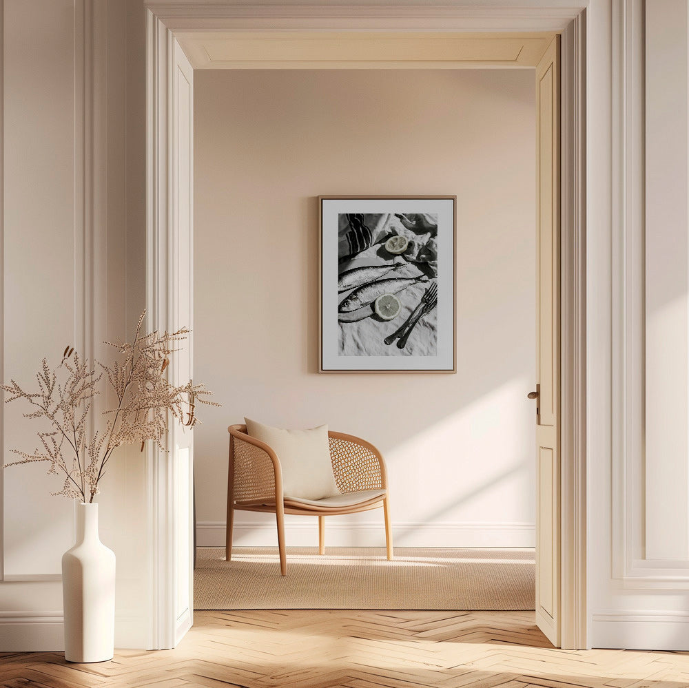 Cuadro de cocina con sardinas y limón en blanco y negro – Canvas1