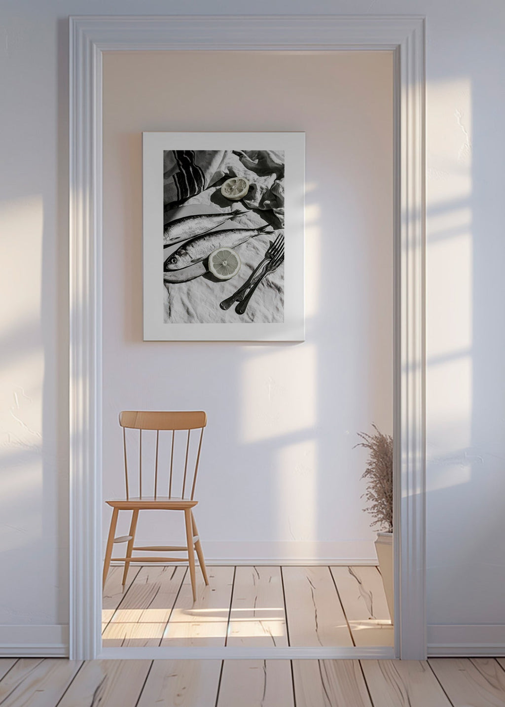 Cuadro de cocina con sardinas y limón en blanco y negro – Canvas