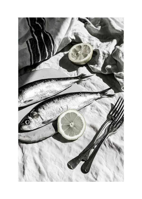 Cuadro de cocina con sardinas y limón en blanco y negro