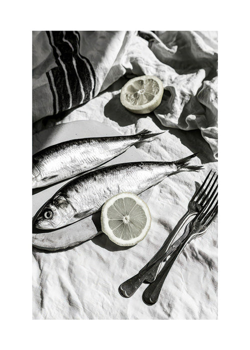 Cuadro de cocina con sardinas y limón en blanco y negro