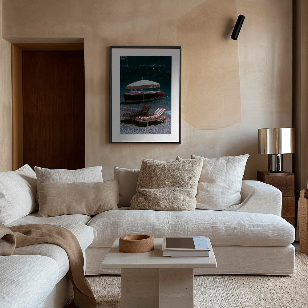 Cuadro de paisaje con barco clásico y hamacas en la orilla – Canvas1
