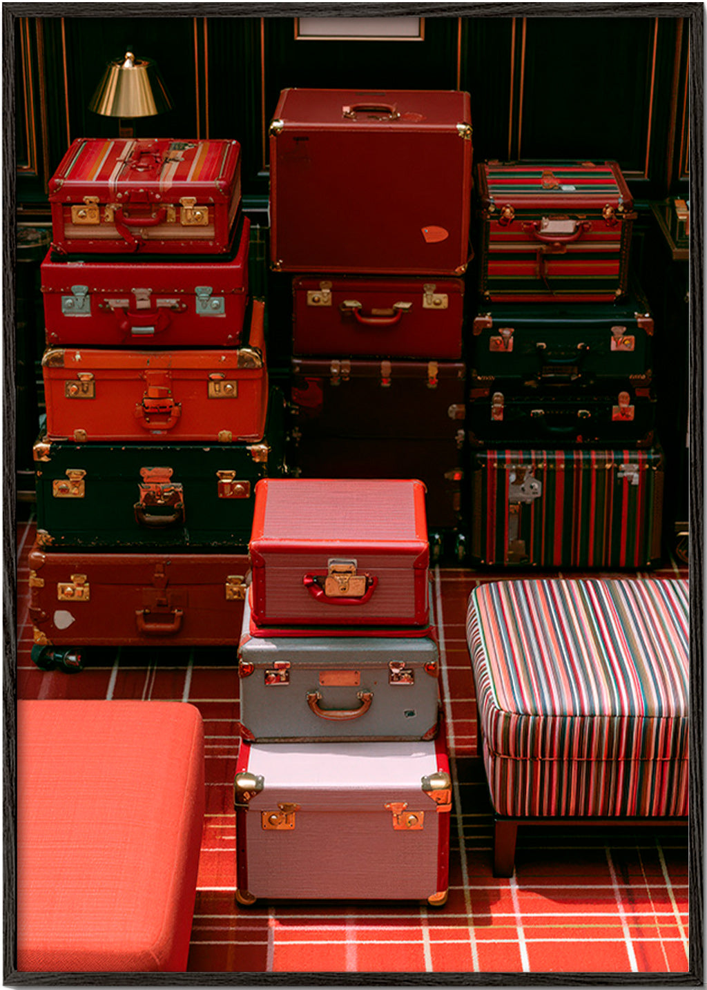 Cuadro de ciudades con maletas rojas apiladas – Black Frame