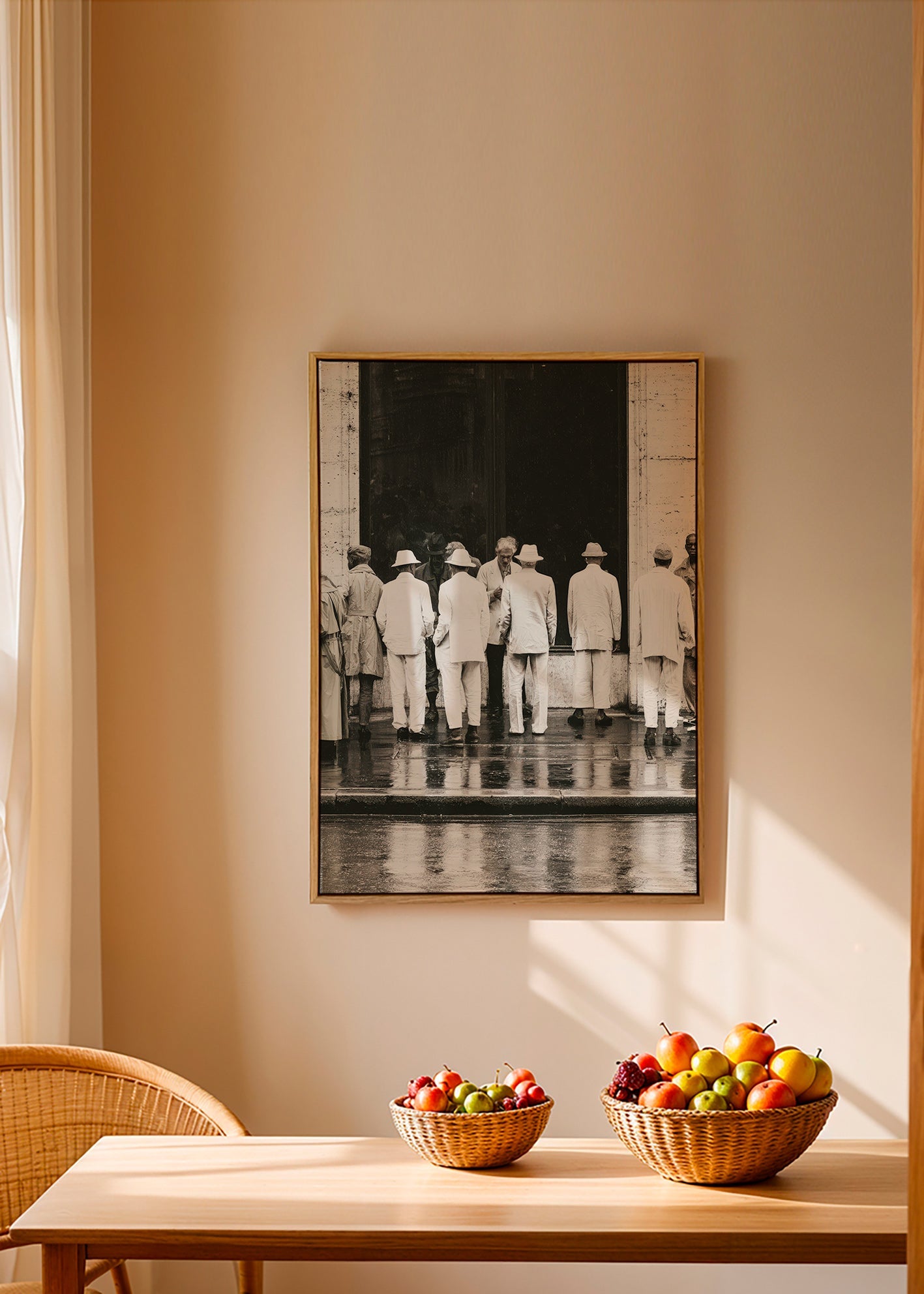 Fotografía en blanco y negro de hombres bajo la lluvia – Canvas2