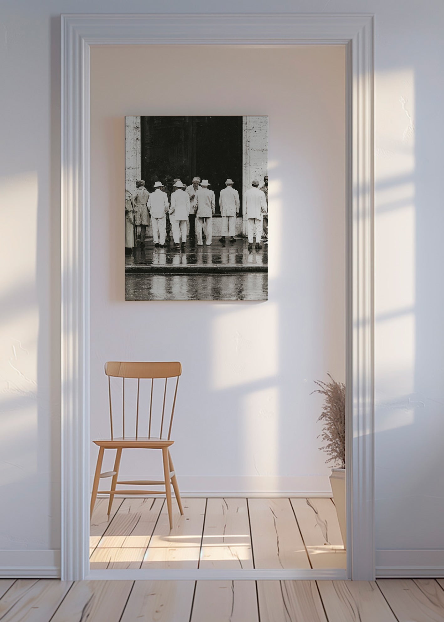 Fotografía en blanco y negro de hombres bajo la lluvia – Canvas