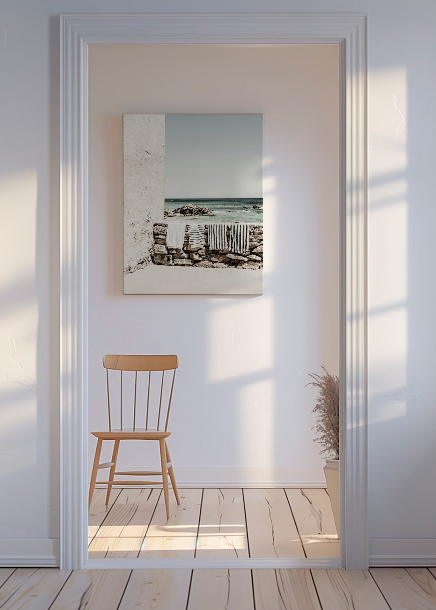 Cuadro de paisaje costero con toallas colgadas – Canvas