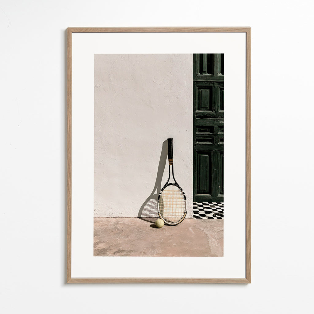 Cuadro deportivo con raqueta y pelota – Oak Frame