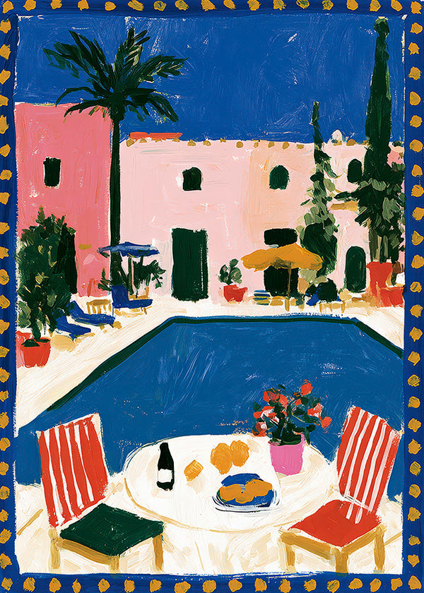 Cuadro de ciudades: villa rosa con piscina